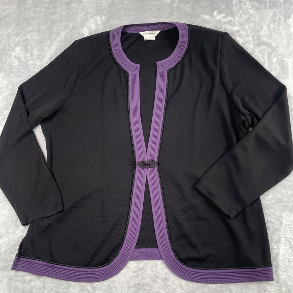 Misook Black Cardigan with Purple Trim
